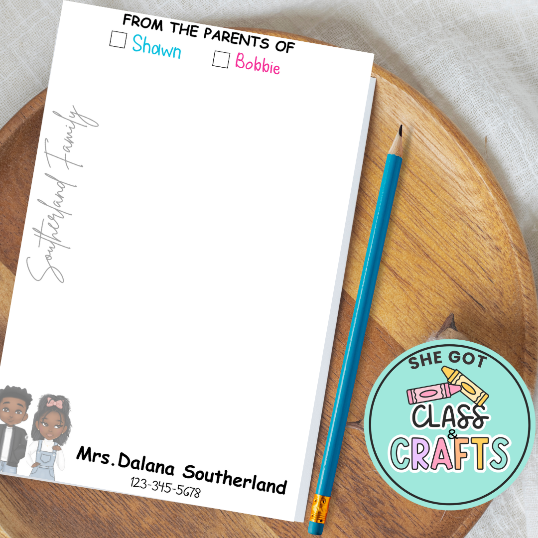 Personalized Kid Notepad – Custom Character & Parent Info
